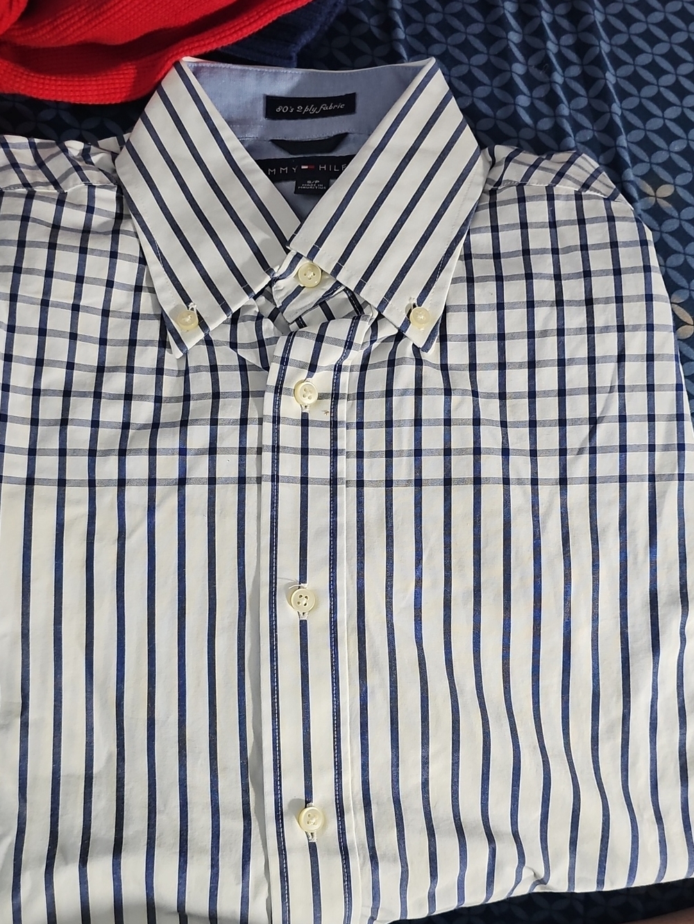Tommy Hilfiger White Shirt with Navy Vertical & Grid Stripes